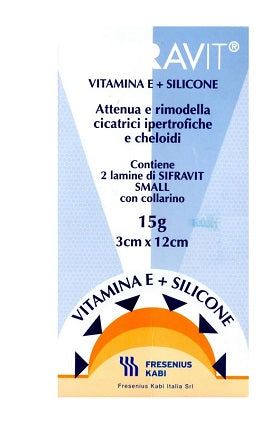Placca in silicone e vitamina e sifravit dimensioni 3x12cm. indicata nel trattamento di cheloidi e c