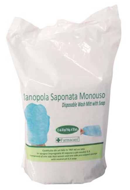 Manopola monouso per lavaggi parziali composta da una spugna in poliestere saponata e da un drappo i