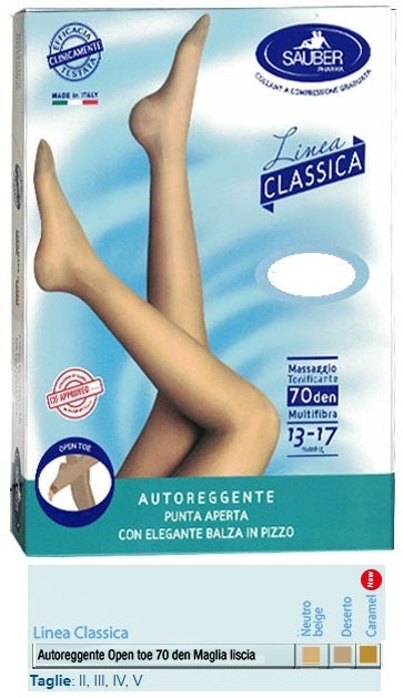 Sauber autoreggente open toe maglia liscia 70 den colore neutro beige taglia 3 linea classica