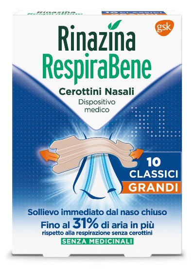 Rinazina respirabene cerotti nasali classici grandi carton 10 pezzi